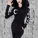 Women Gothic Hoodies 2019 Winter Harajuku Moon Letter Print Black Female Sweatshirts Casual Pocket Hooded Zipper Punk Sweatshirt