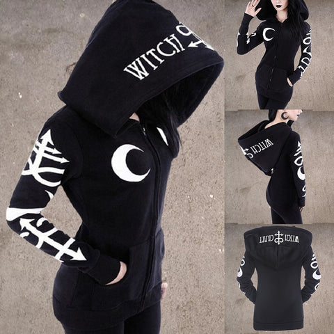 Women Gothic Hoodies 2019 Winter Harajuku Moon Letter Print Black Female Sweatshirts Casual Pocket Hooded Zipper Punk Sweatshirt